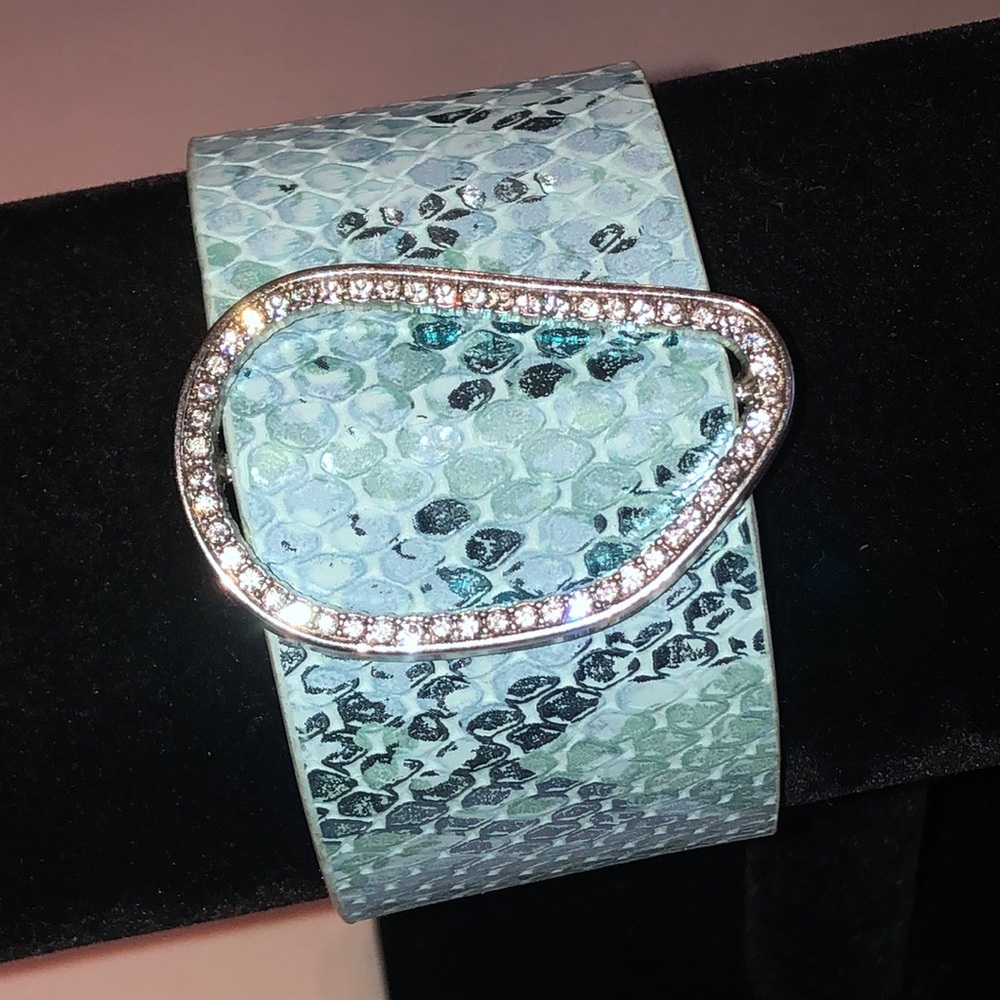 Aqua Snake Print Metallic Cuff Bracelet with Crystal Accent